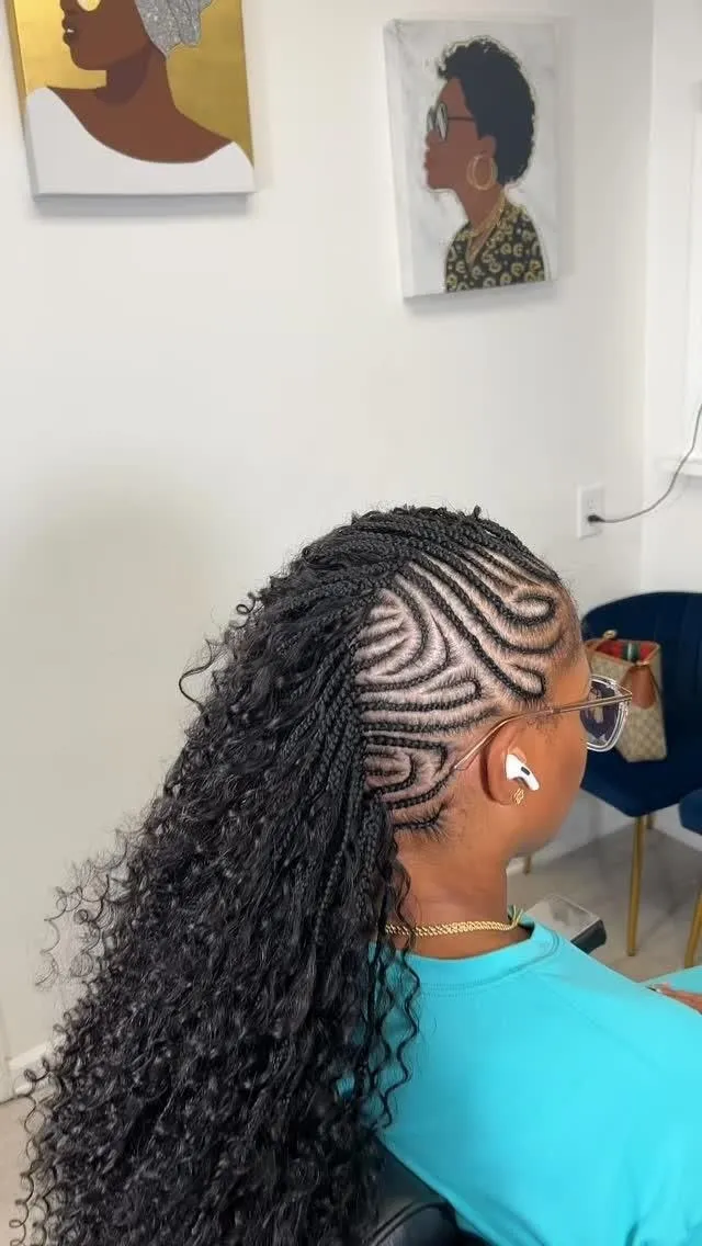 Creative protective styling combining neat cornrows with Mohawk volume