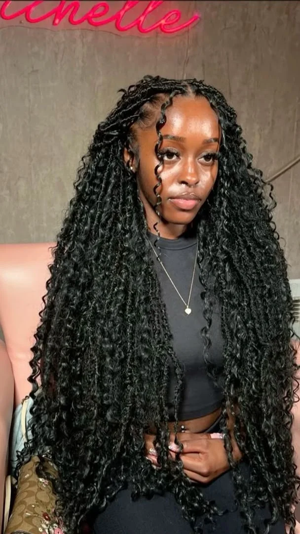 Textured boho locs with romantic goddess curl leave-outs - SS BRAIDS GH (ssbraidsgh) Accra