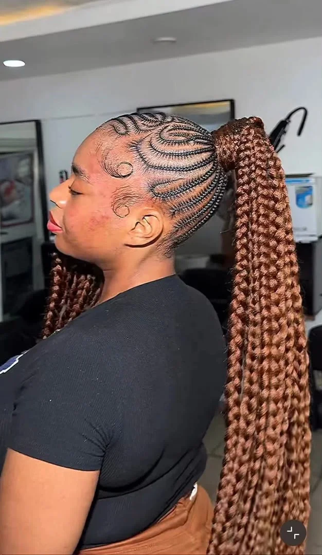 Feed-in cornrows gathered into a neat high ponytail — photo 3 at SS BRAIDS GH Accra